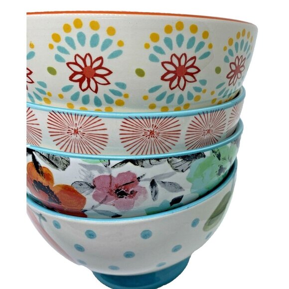 Four Pioneer Woman Cereal Soup Bowls Floral & Dots - Picture 12 of 12